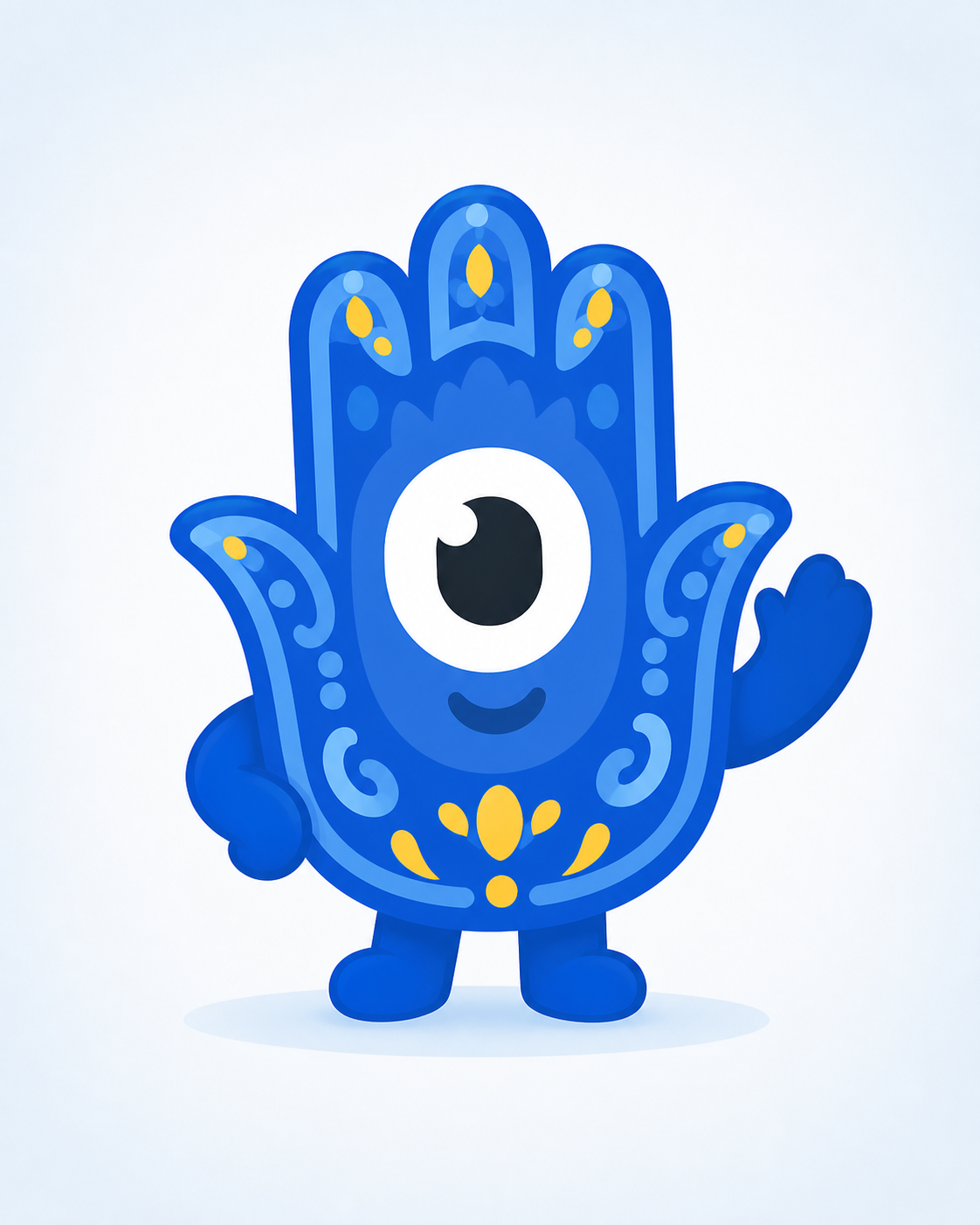 Misa, the cheerful blue Hamsa hand mascot, waving