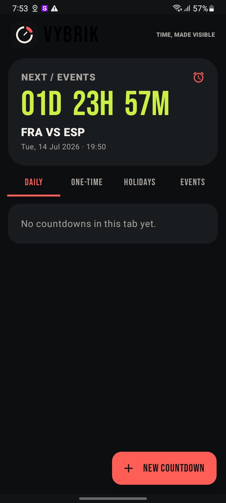 Vybrik app showing a countdown to the France versus Spain event